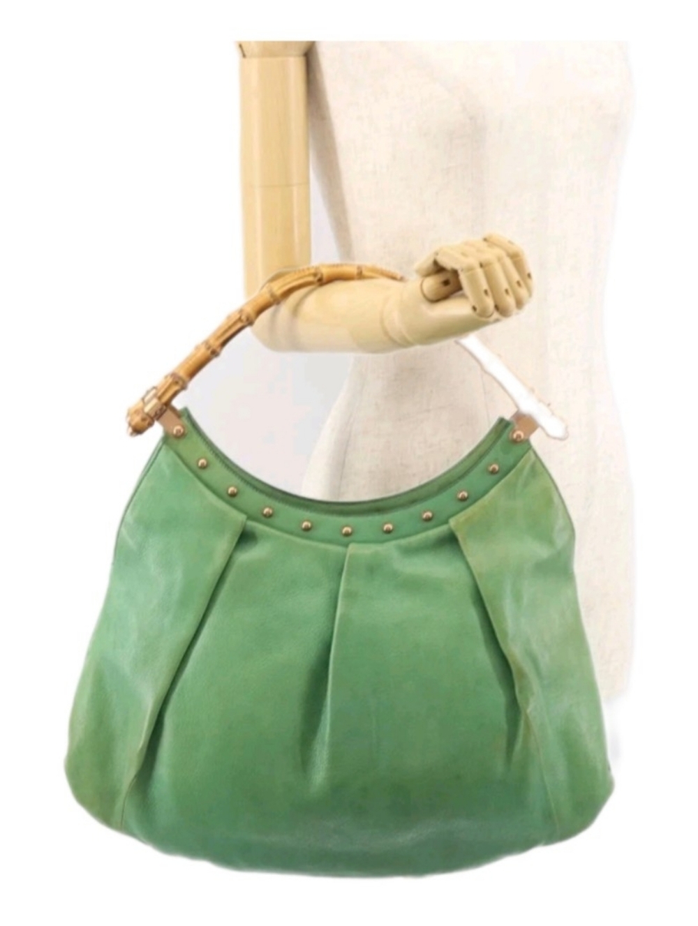 Gucci Vintage Emerald Green 1947 Bamboo Double Handled Hobo Bag
